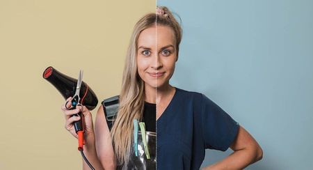 Hairdresser-turned-dental assistant poses half split visually between the two roles