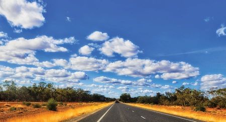 Outback road with golden grass, trees and red dirt at side and bright blue cloud-studded sky above