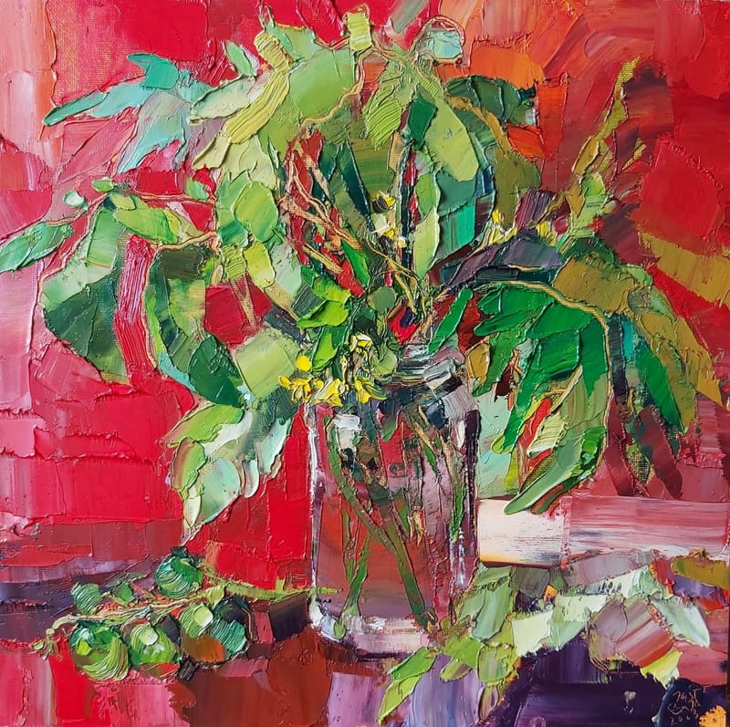 Stilleven met tomatenplant