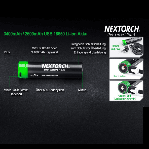 Akku NEXTORCH 18650 USB Lithium-Ion (Li-Ion) -DC0084- 3.6V 3.400mAh inkl. Schutzschaltung, Bild 3