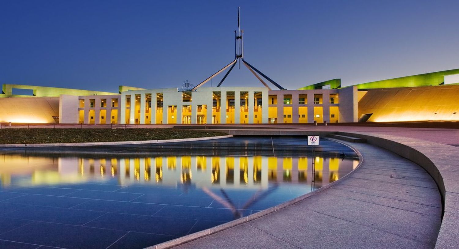 Australia's Federal Parliament in Canberra brightly lit at night