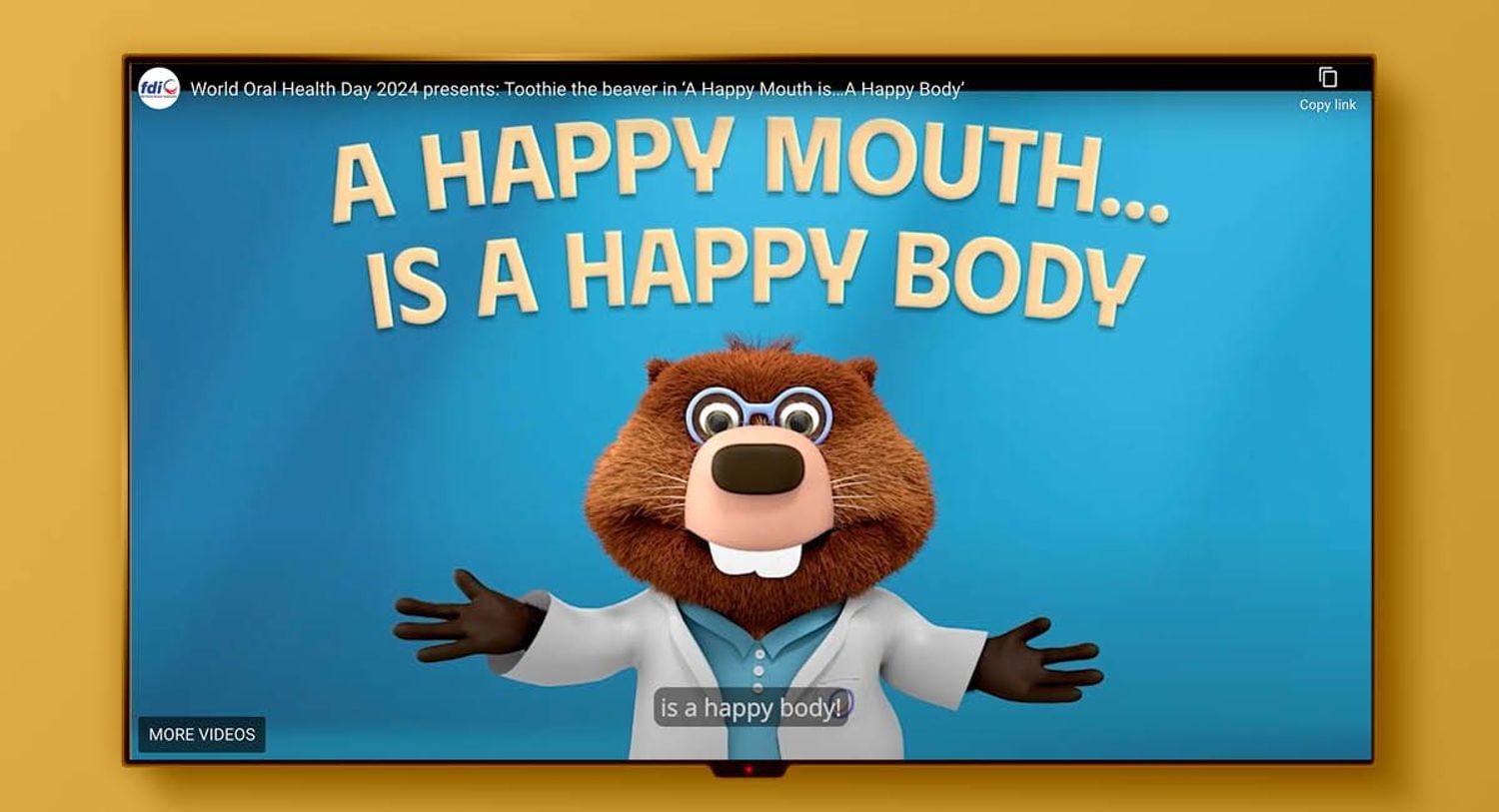 Screenshot of Toothie the Beaver announcing the theme for this year's World Oral Health Day