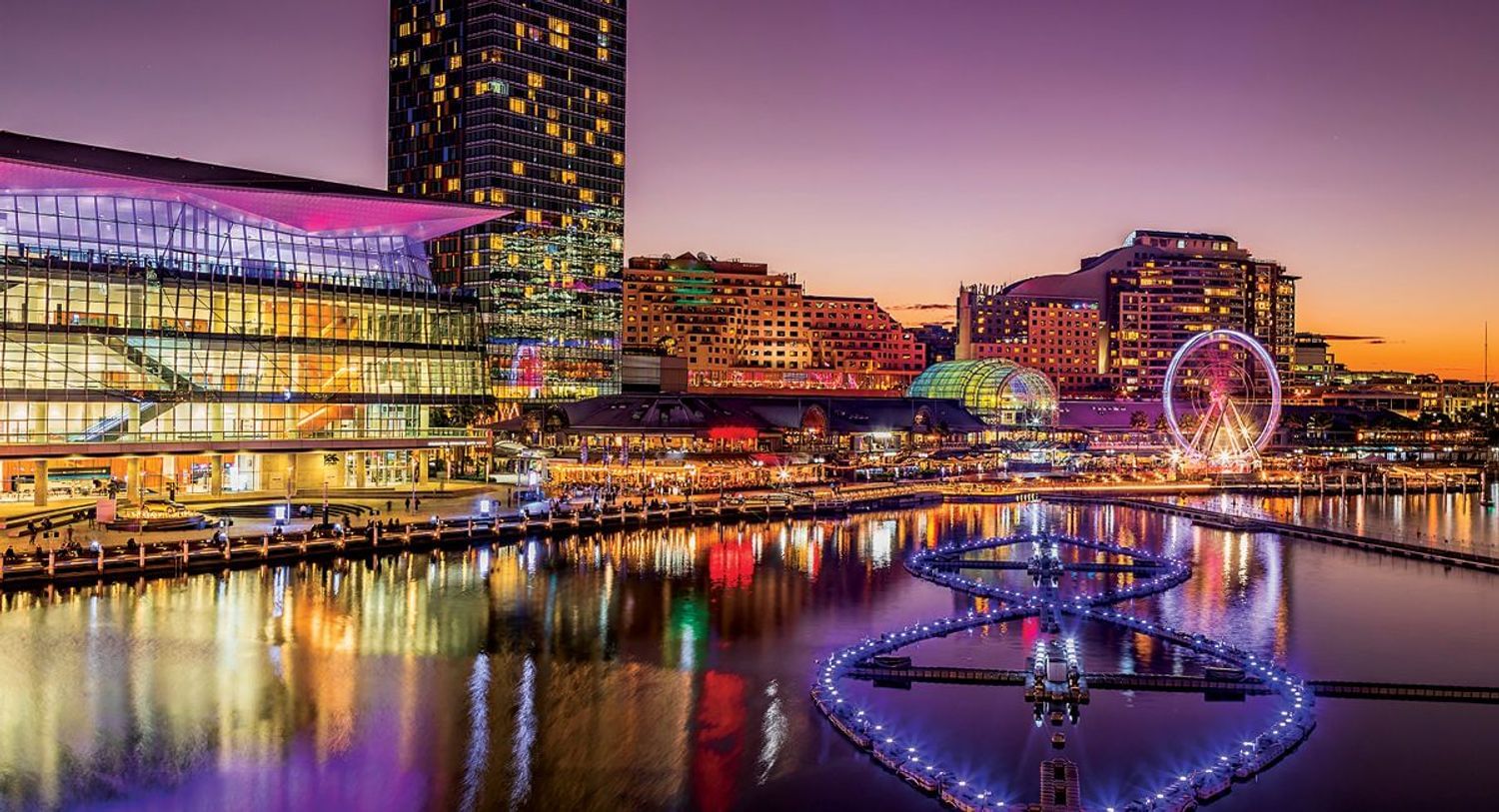 The ICC lit in multi-coloured lights in the wider Darling Harbour landscape