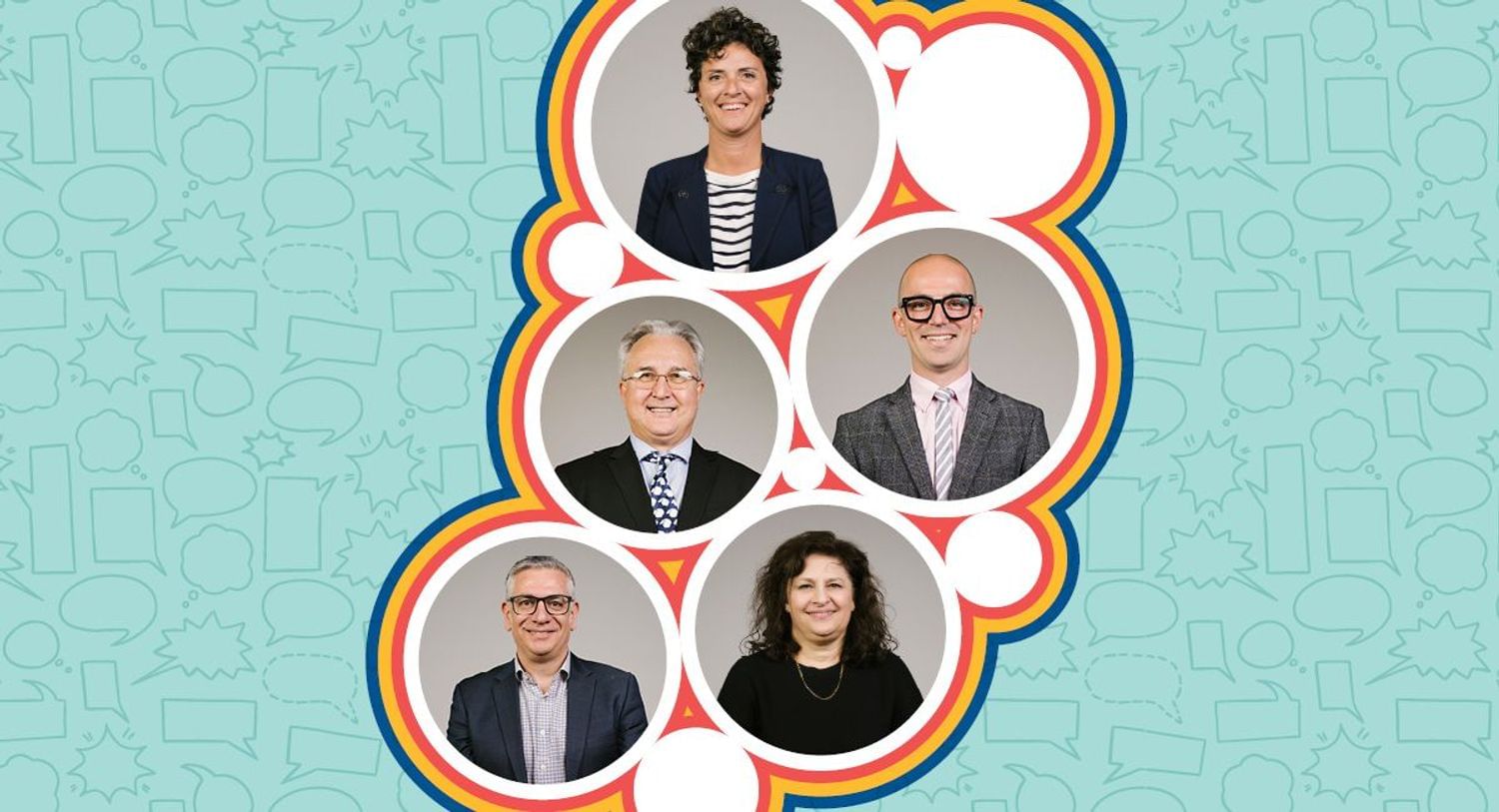 Five members of the ADA Board against a brightly coloured FDIWDC23 circular background
