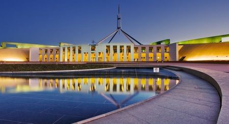 Australia's Federal Parliament in Canberra brightly lit at night