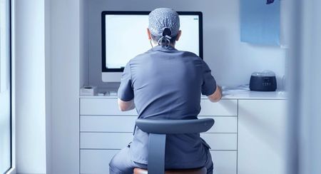 A dental practitioner in scrubs looking at a computer screen (you only see their back)