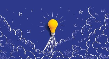 Bright yellow lightbulb blasting off like a rocket against a drawn dark blue background