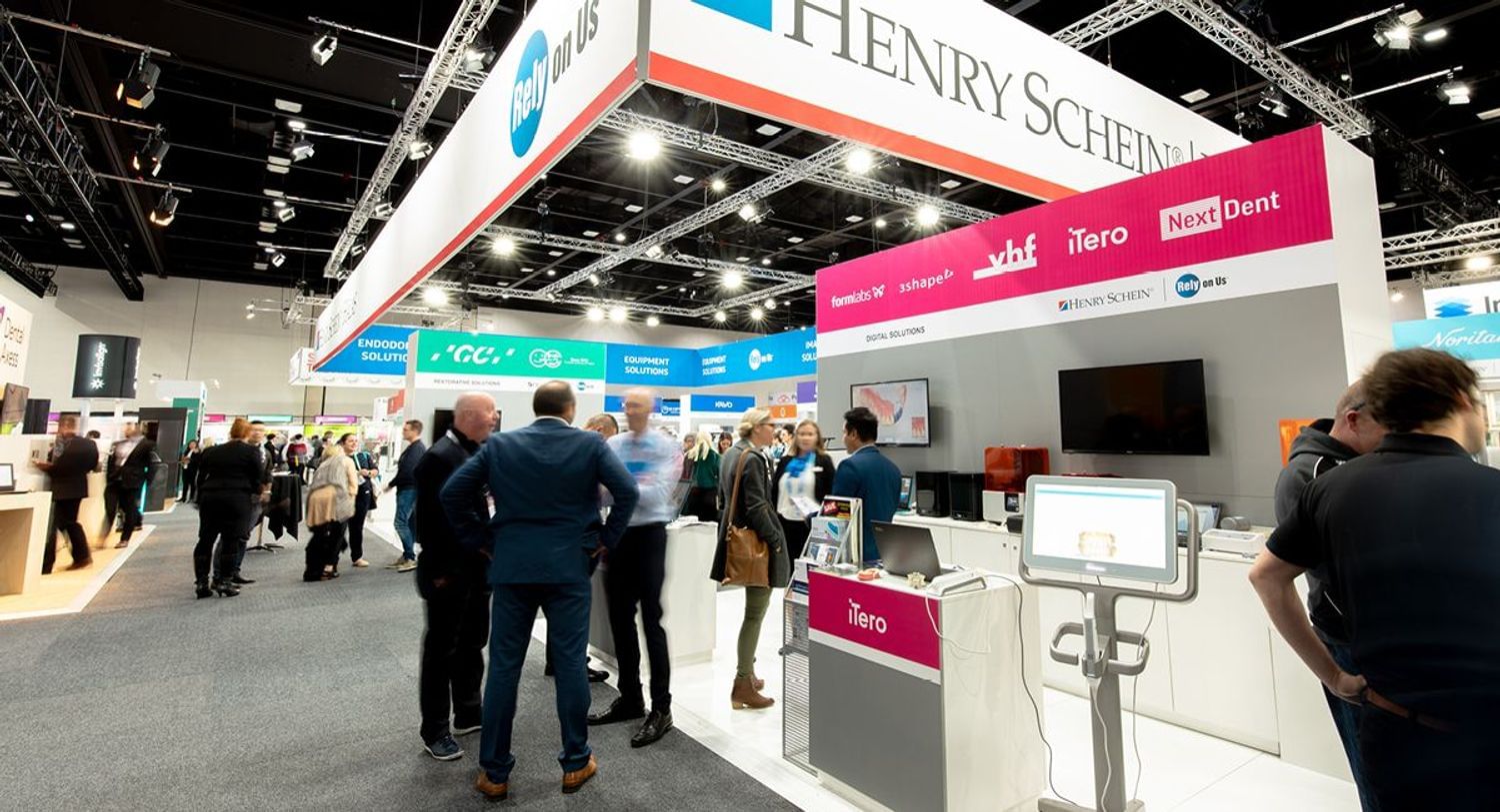 A shot of an exhibition stand at Congress showing dental company logos 