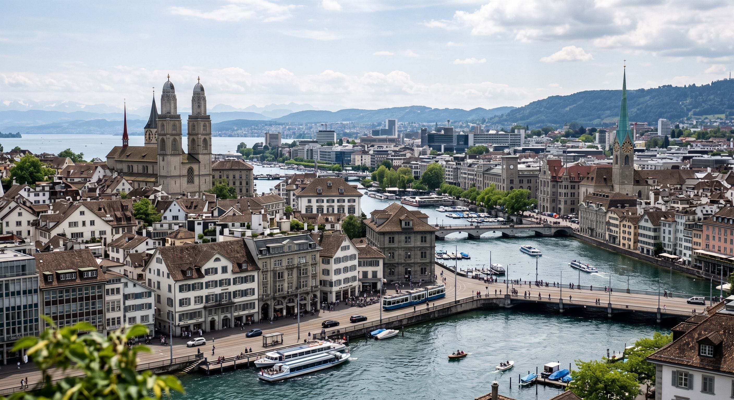 Blick über die Zürcher Altstadt mit Limmat, Grossmünster und Fraumünster