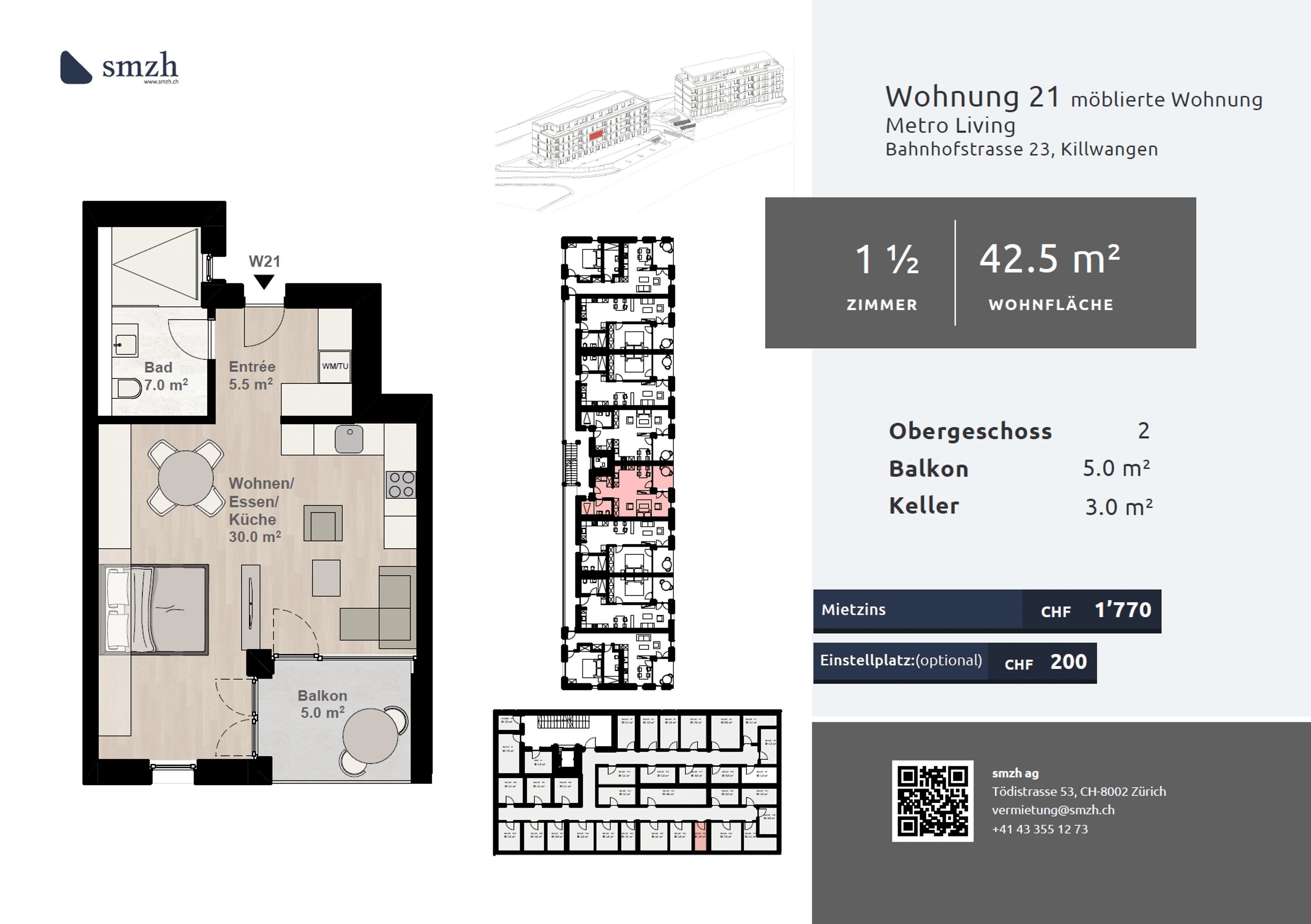 1.5-Zimmer, möbliert, Balkon - direkt am Bahnhof Killwangen - Bild 2