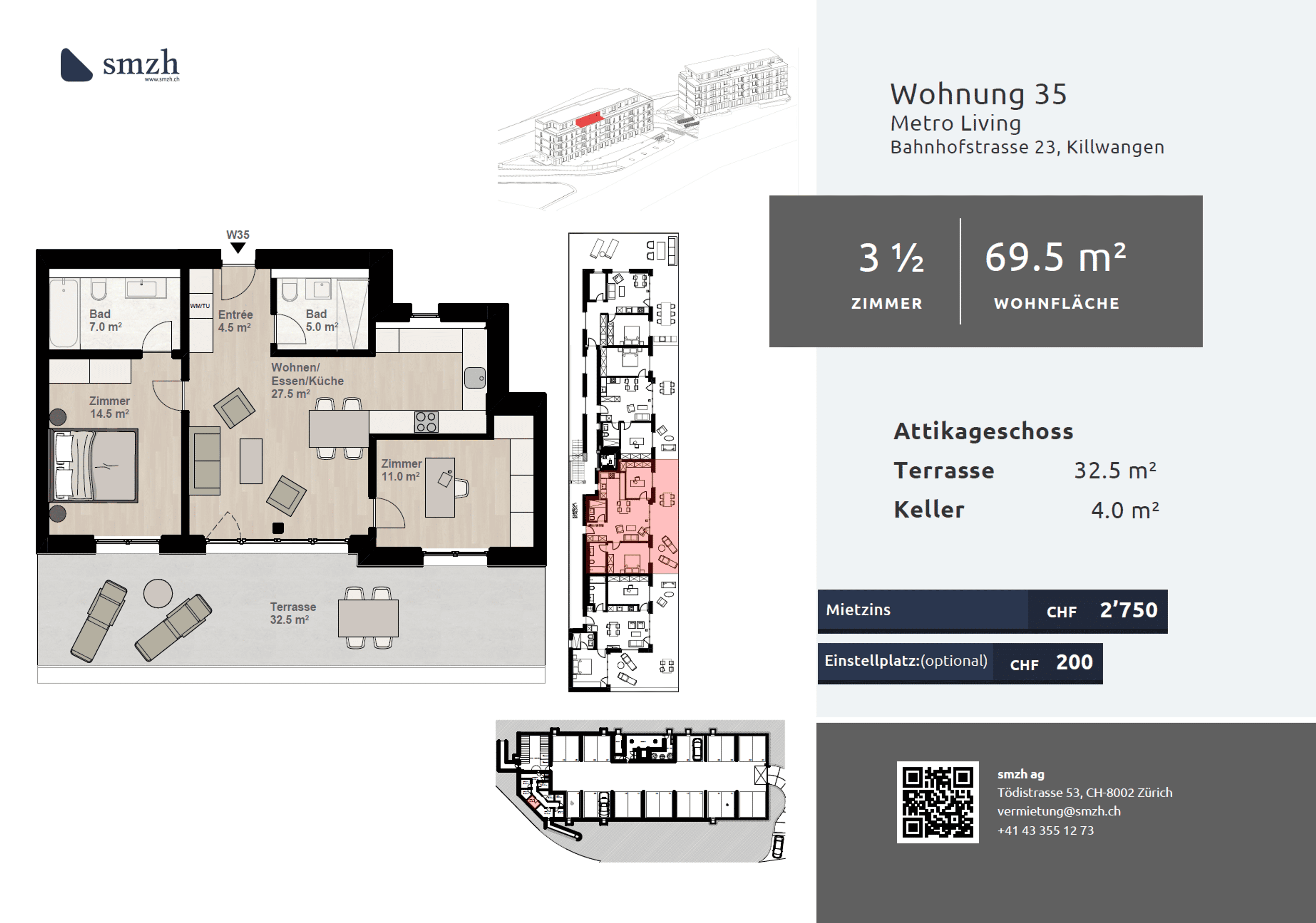 3.5-Zimmer-Attika mit grosser Terrasse in Killwangen mieten - Bild 2