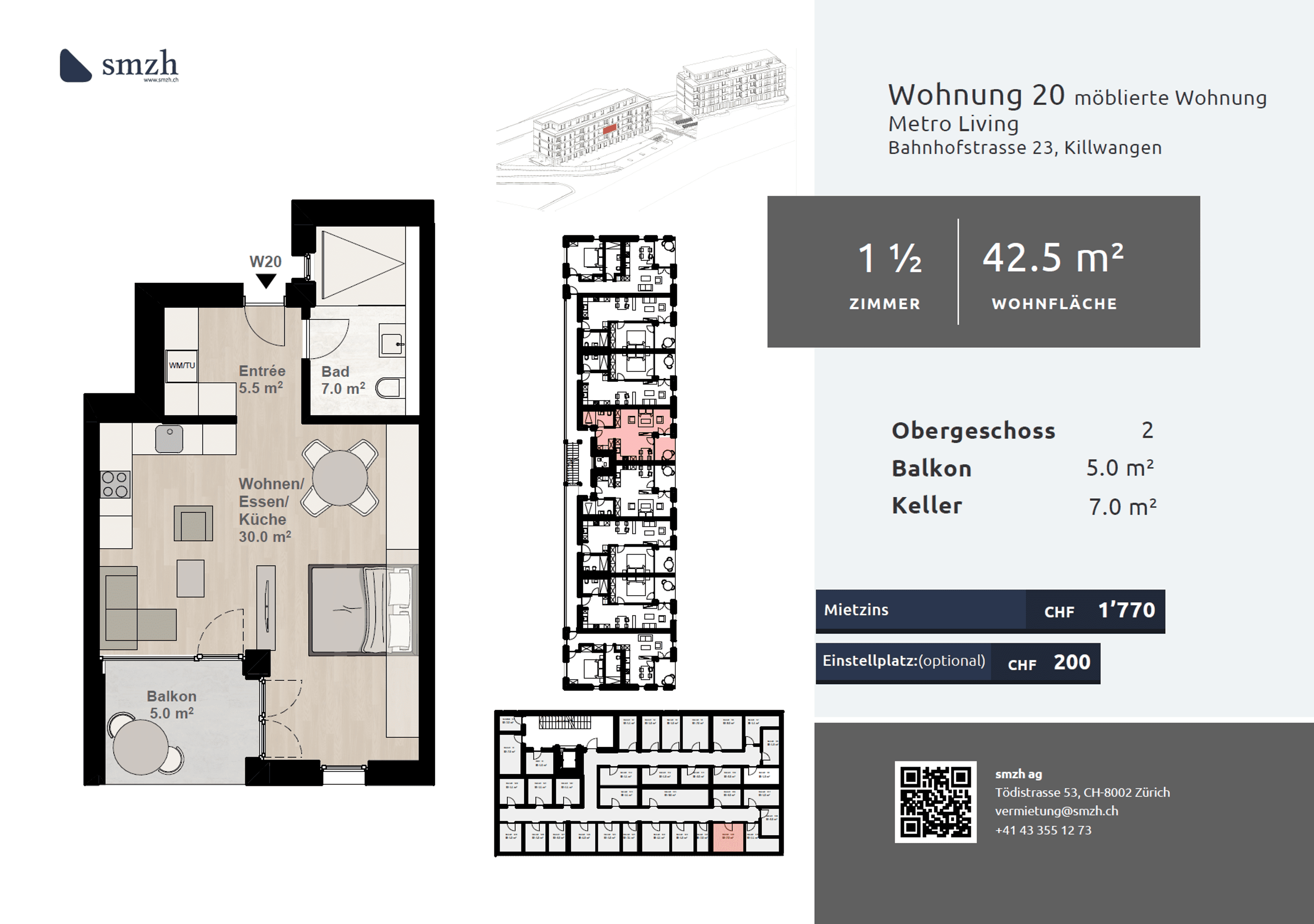 1.5-Zi.-Wohnung möbliert mit Balkon - urban wohnen in Killwangen - Bild 2