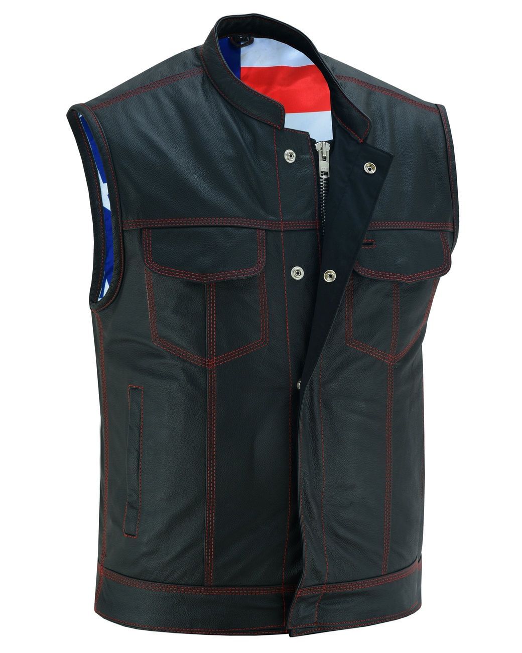 DS165 MEN’S LEATHER VEST WITH RED STITCHING AND USA INSIDE FLAG LINING WITH SCOOP COLLAR