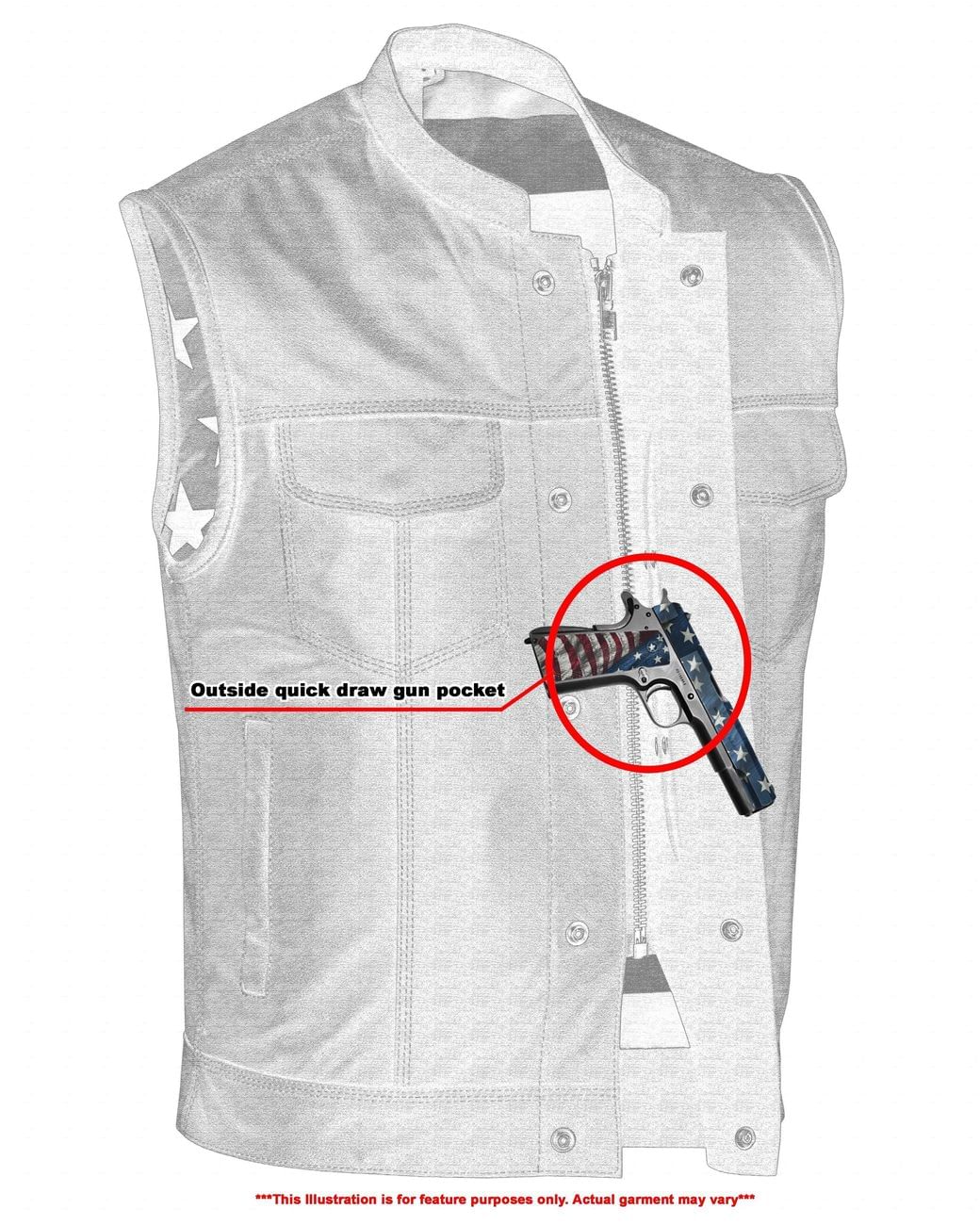 DS165 MEN’S LEATHER VEST WITH RED STITCHING AND USA INSIDE FLAG LINING WITH SCOOP COLLAR