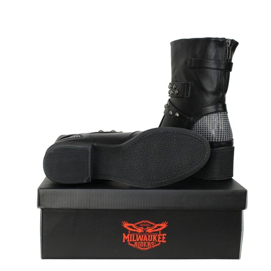 Ladies Zippered Black Multi-Studded Buckle Boots By Milwaukee Riders®