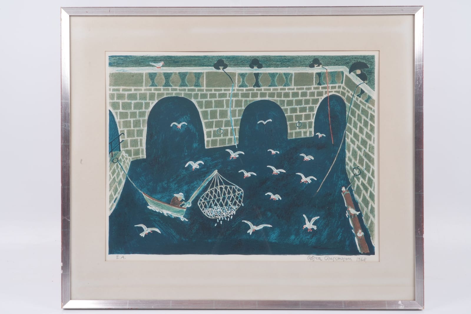 GÖSTA GUSTAVSON (1931-2008), färglitografi, "Strömfiskare"