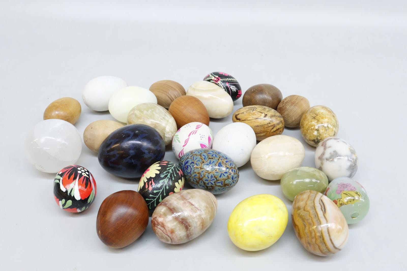 Ägg, 28st, trä, glas, alabaster mm
