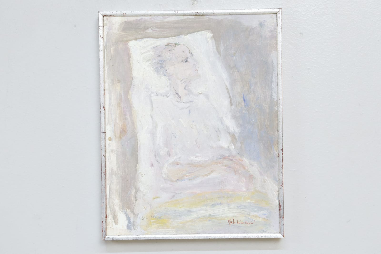 Gösta Lindqvist, "Kvinna i säng", olja på pannå, signerad