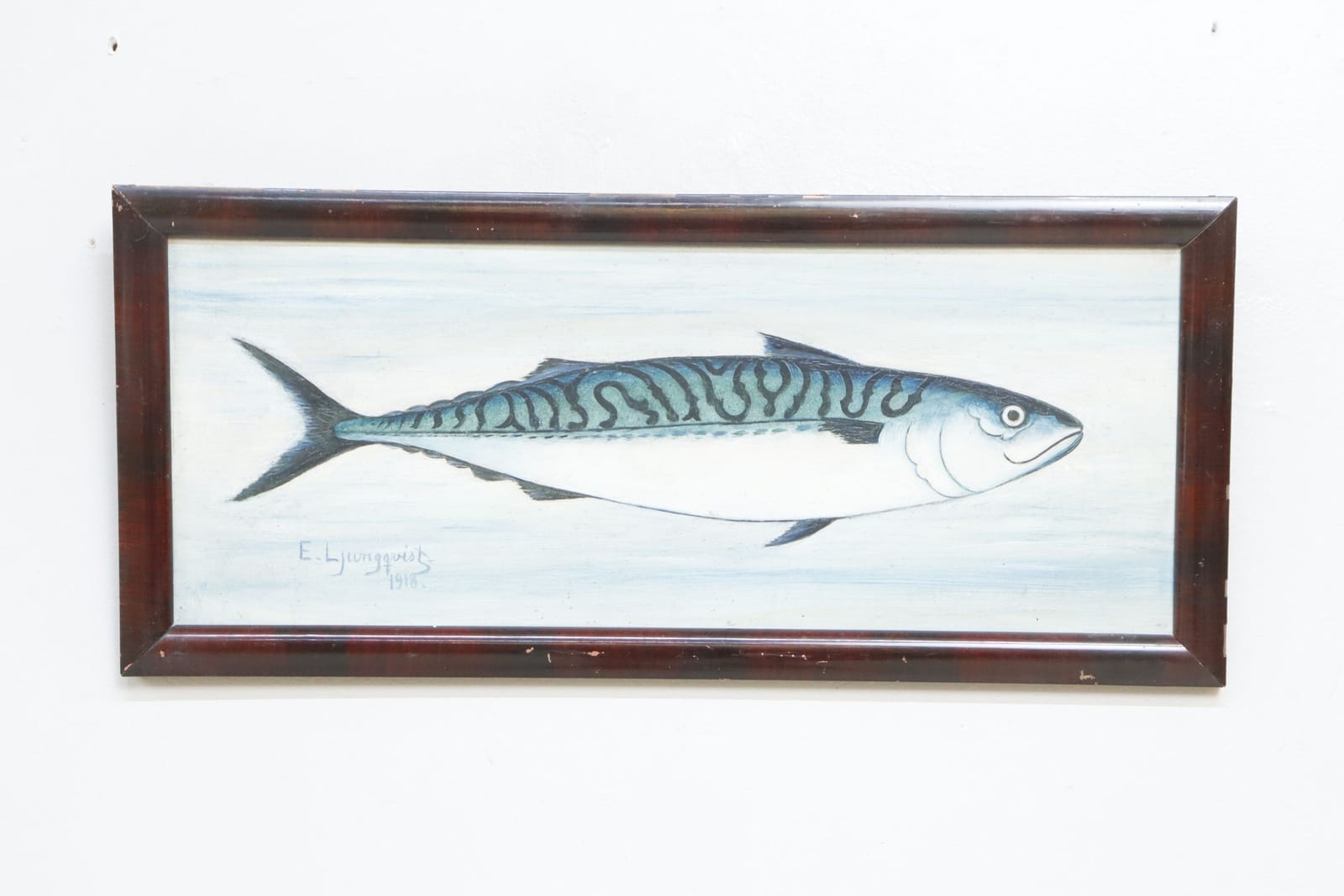 E Ljungqvist, makrill, olja på pannå, signerad och daterad 1918