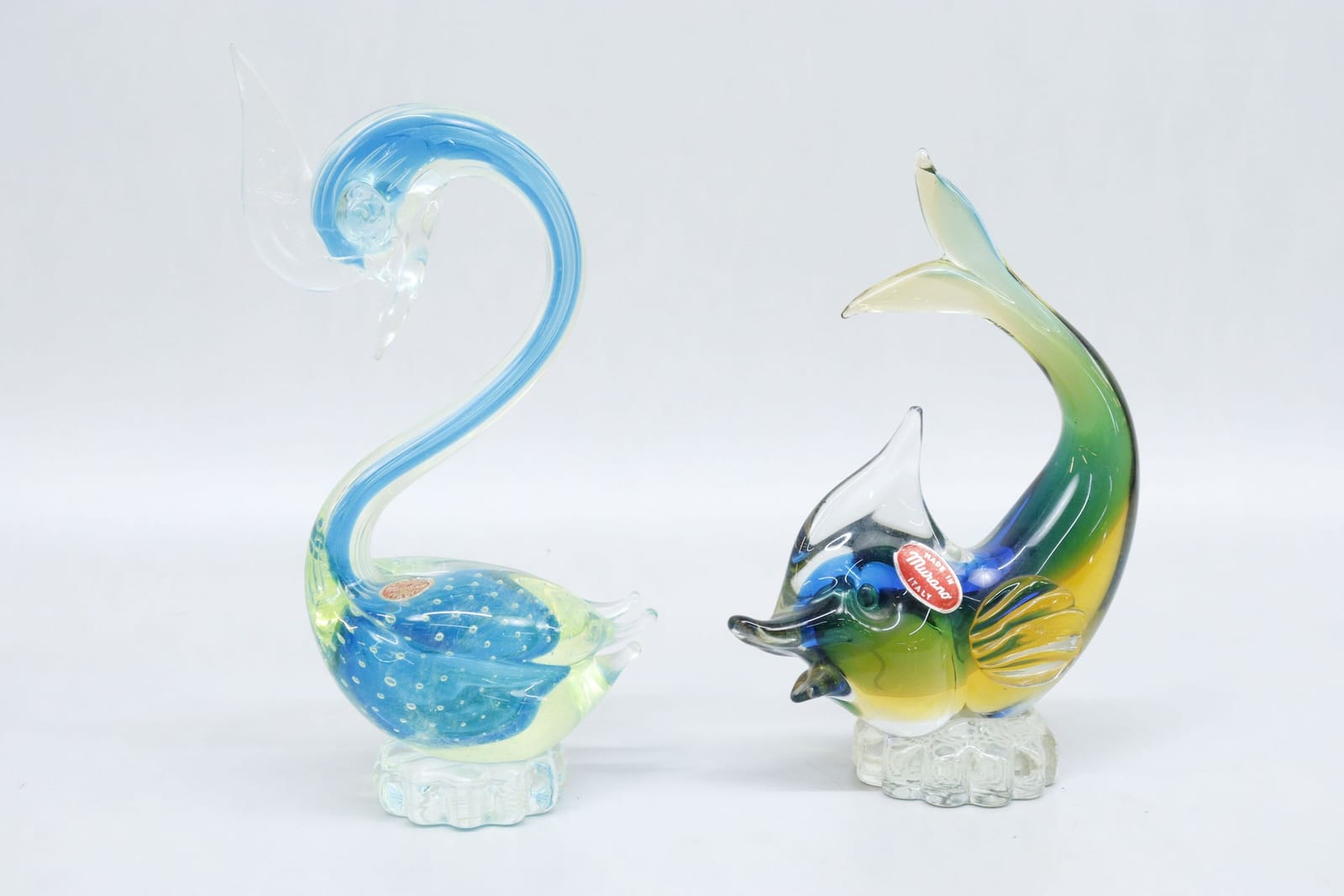 Skulpturer, 2st, Murano, svan och fisk i glas
