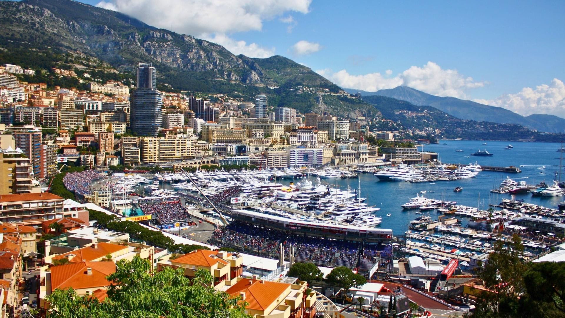 aerial view of monaco harbor during the grand prix