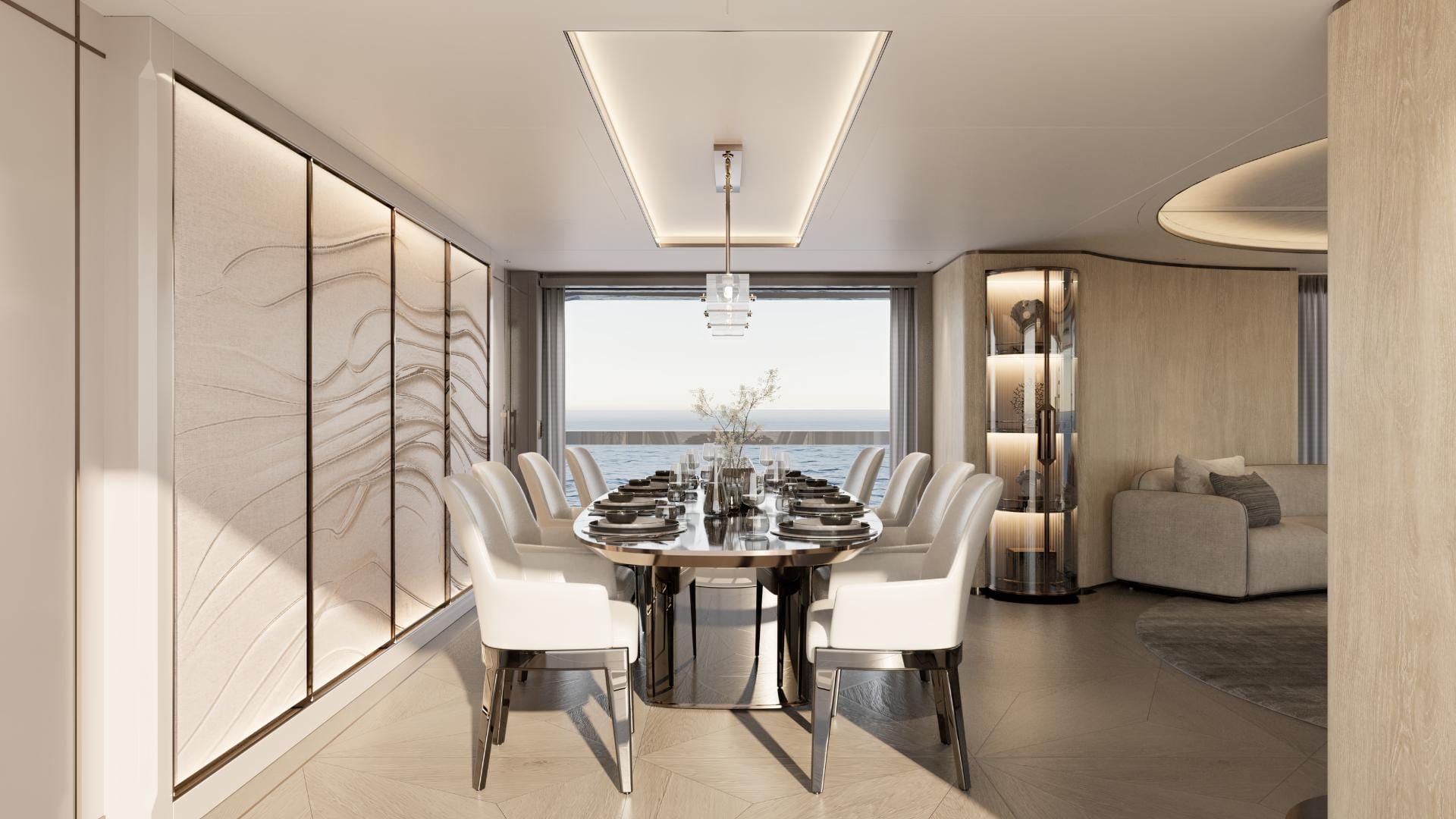 render of the dining table of the iyc yacht moonen 133 mallorca