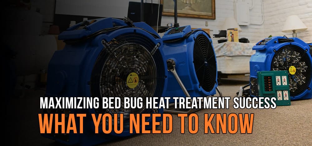Maximizing bed bug heat treatment success with blue heating equipment and control panel, emphasizing effective eradication strategies for bed bug infestations.