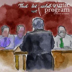 323°, North Node in Aquarius, Courtroom sketch using pastels and watercolours artwork