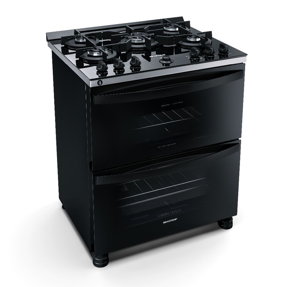 Fogão Brastemp 5 bocas Preto com duplo forno, mesa de vidro e turbo chama - BFD5VCE