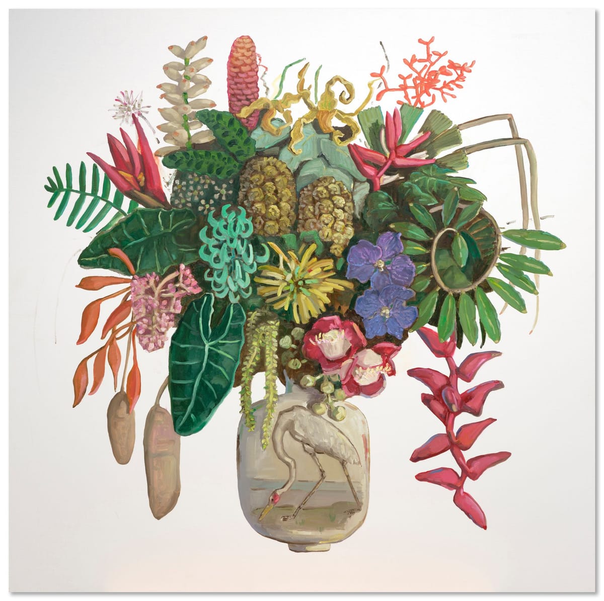 Jane Guthleben - Flecker Gardens Arrangement with a Heliconia, and Brolga after Audubon