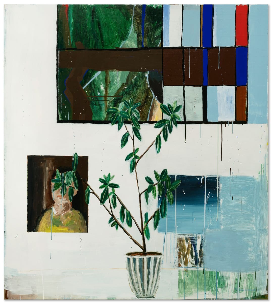 Self landscape past leadlight window GM lady MA plant Broome sea 2025 acrylic on polycotton 153 x 137 cm 1