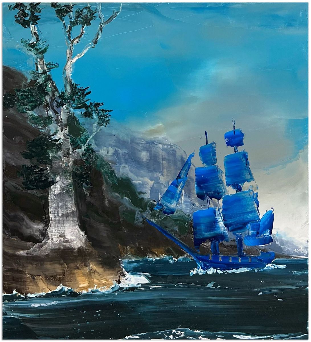 Blue Ship on a Blue Sea
