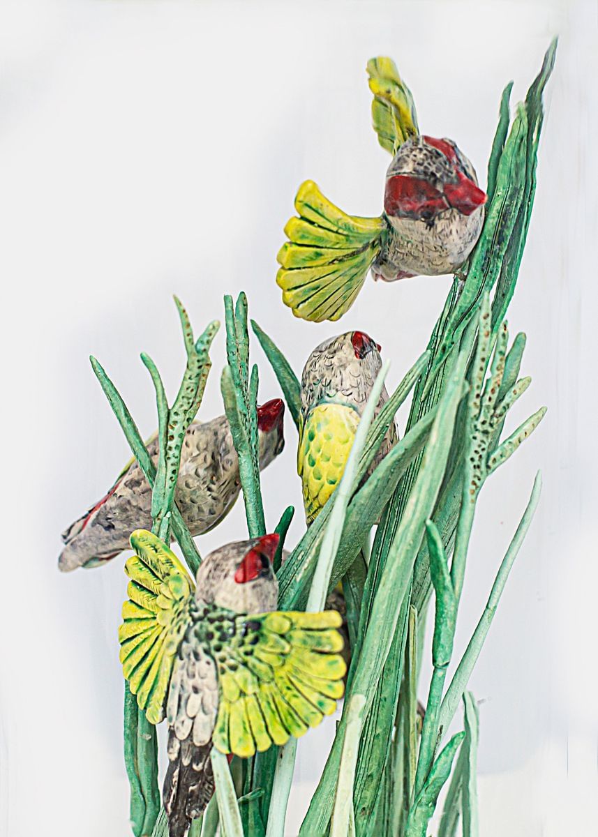 Jane Du Rand - Red Browed Finches and Grasses (detail)