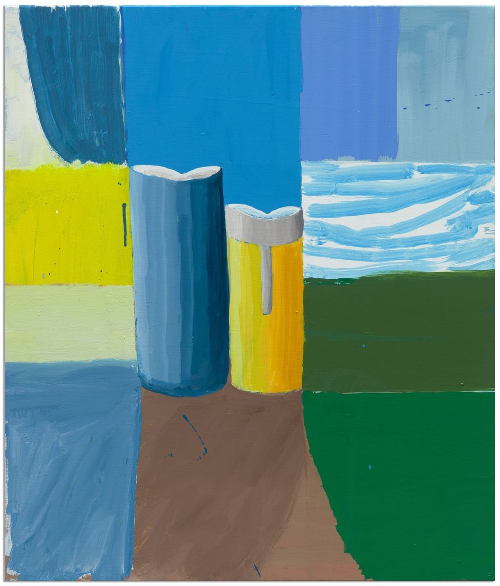 Sally Anderson - GM Jugs Beside Landscape (Yellow and Blue Patchwork)