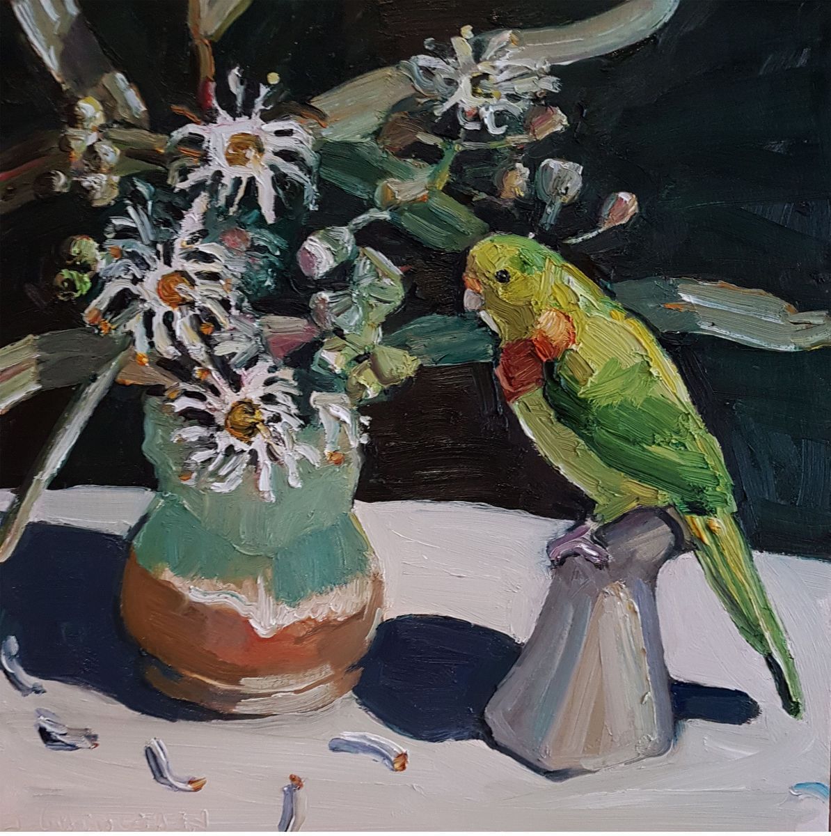 Jane Guthleben - Superb Parrot And Blossom In Green Jug