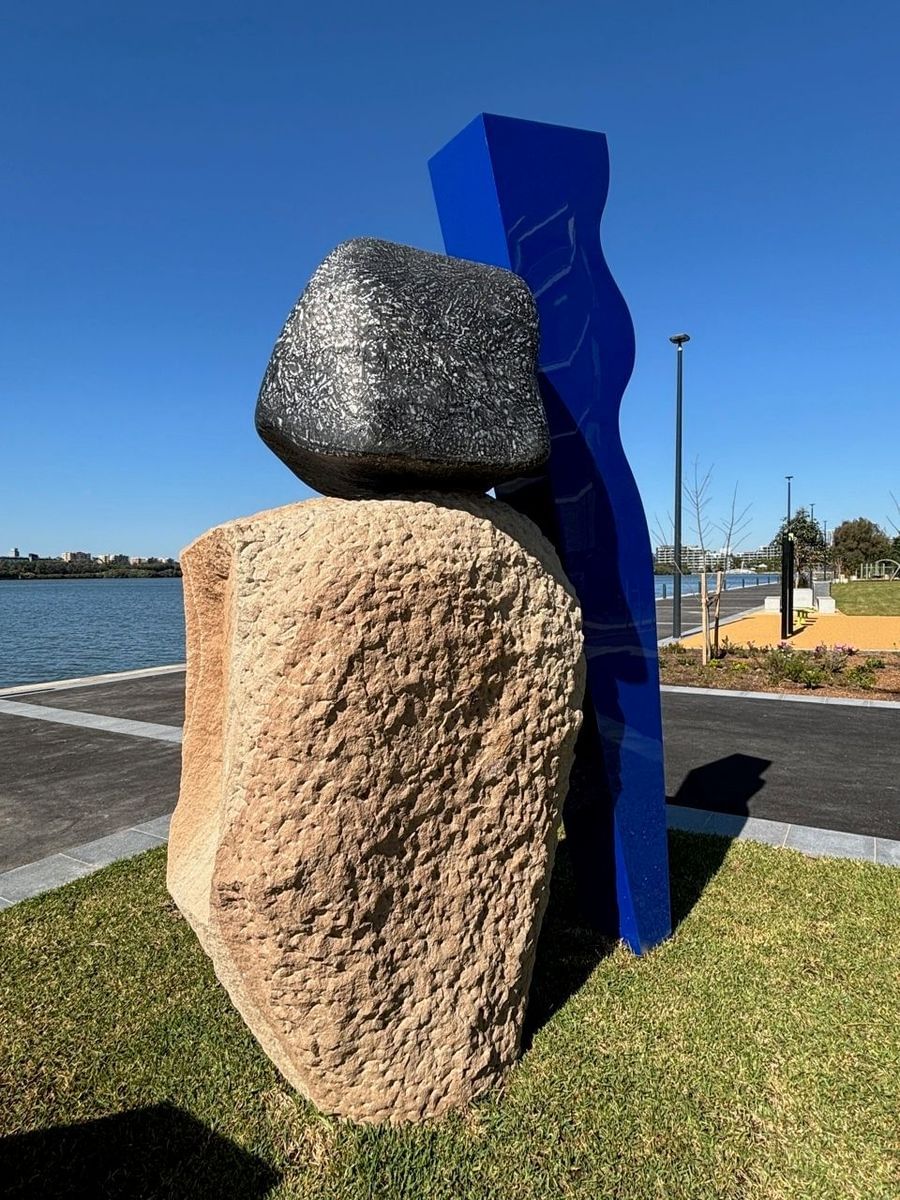 Ari Athans - ‘A ripple A rock’ 2024, sandstone, cast aluminium, fabricated steel, Wentworth Point, Sydney