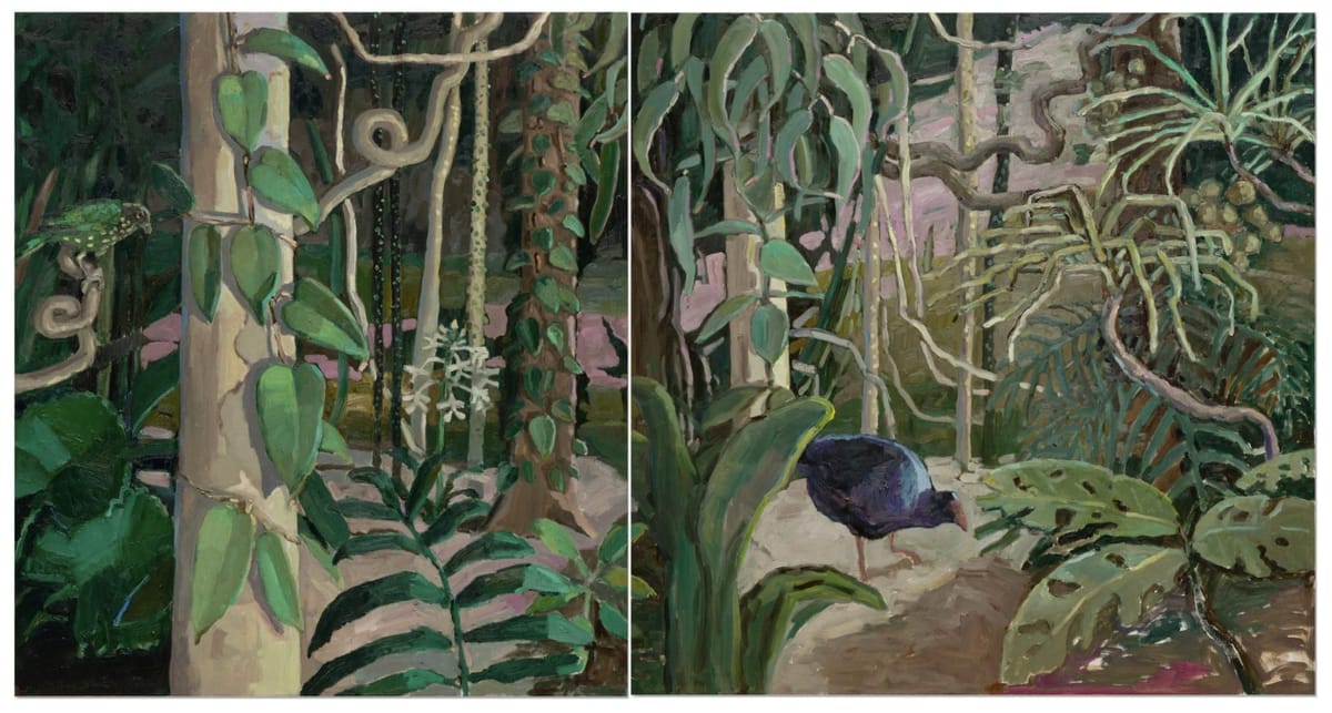 Jane Guthleben - Wetlands with a Catbird (left), Wetlands with a Purple Swamphen (right) Diptych