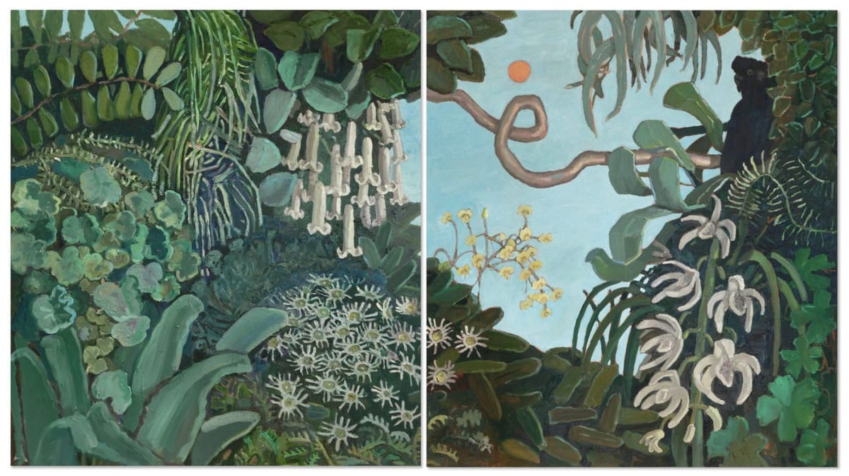 Jane Guthleben - Bush Jungle with Wonga Wonga (left), Bush Jungle with Black Cockatoo after Rousseau (right) Diptych