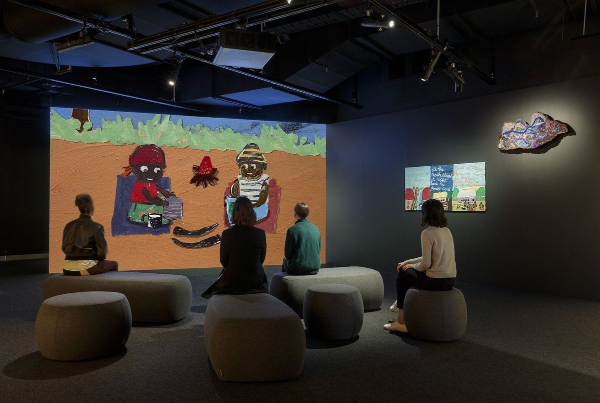 Sally M Nangala Mulda - Installation view 'Two Girls from Amoonguna' ACMI (image credit Mark Ashkanasy), Melbourne