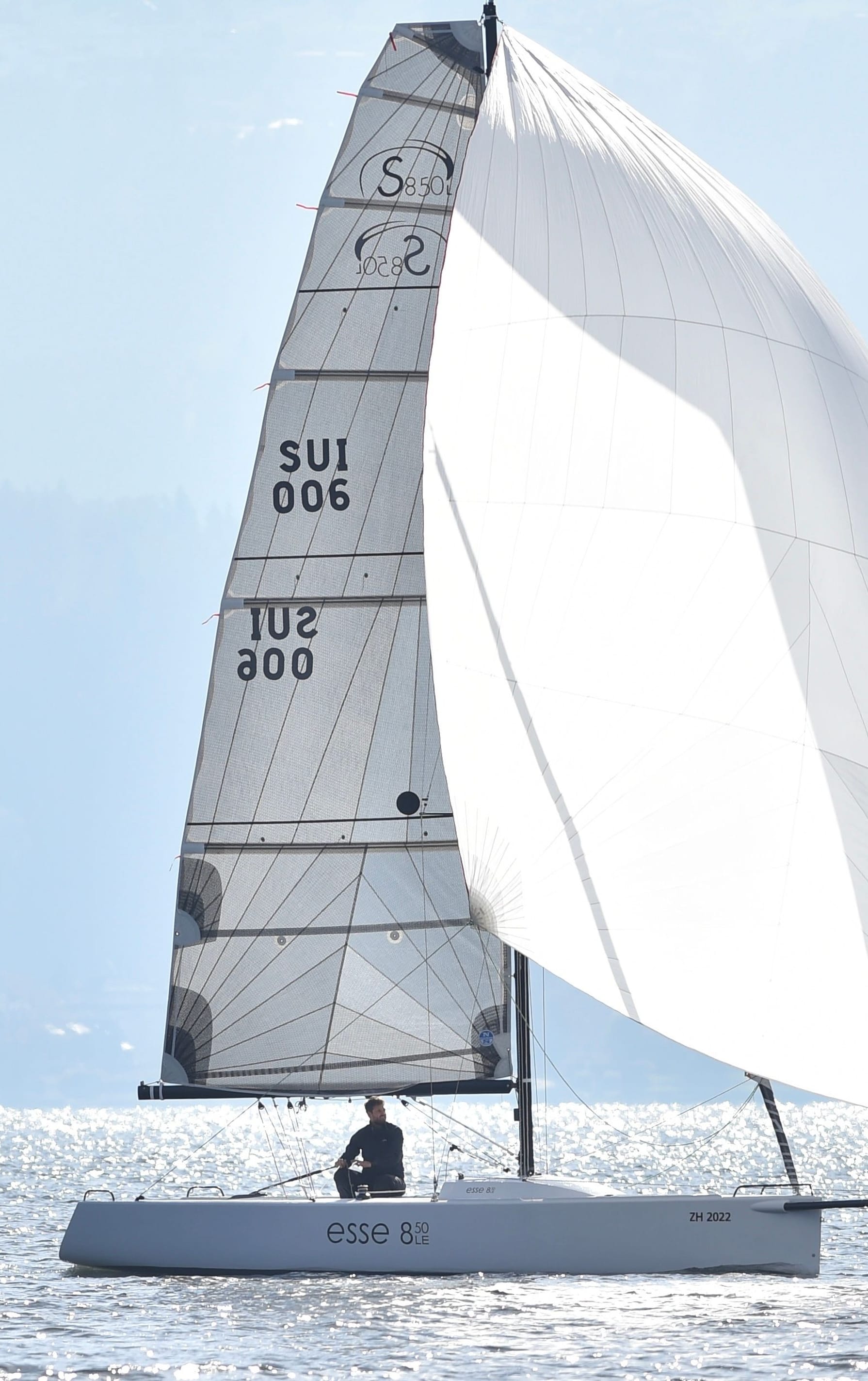 Eine Esse 850 LE in voller Pracht auf ruhigem Wasser, vor einer Bergkulisse am Zürisee. Jetzt mehr über die Esse 850 LE erfahren auf esseboats.ch