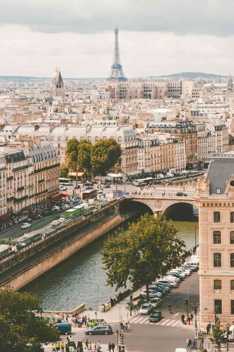 Paris skyline with Eiffel Tower, iconic site for French language immersion.