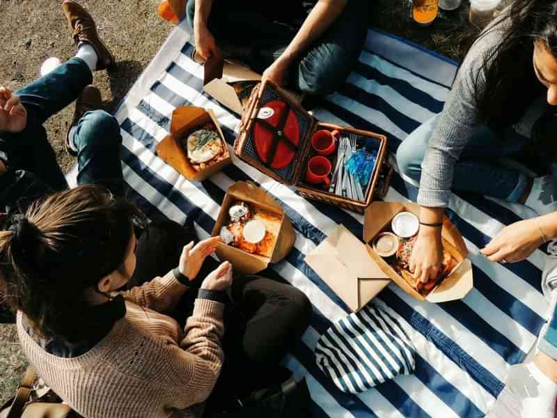 Picknick met eten en drinken op een gestreepte deken op reis.