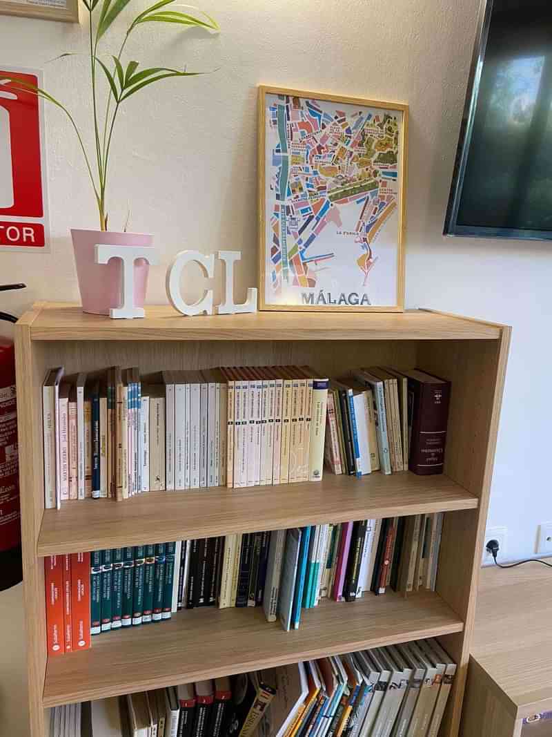 Bookshelf with language learning materials, and a Málaga travel poster.