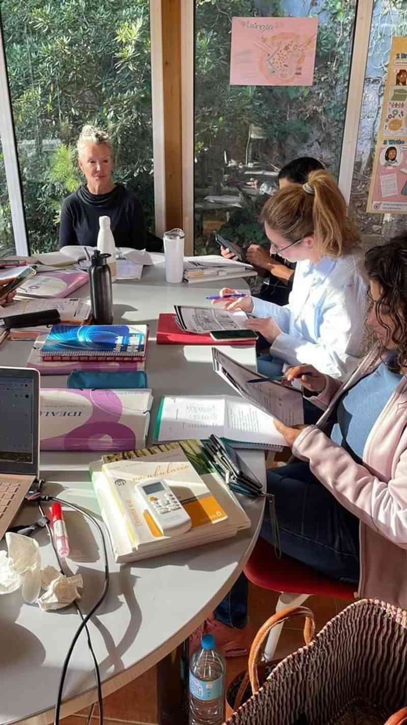 Taalreisgroep in leslokaal, geobsedeerd over leerboeken en documentatie.