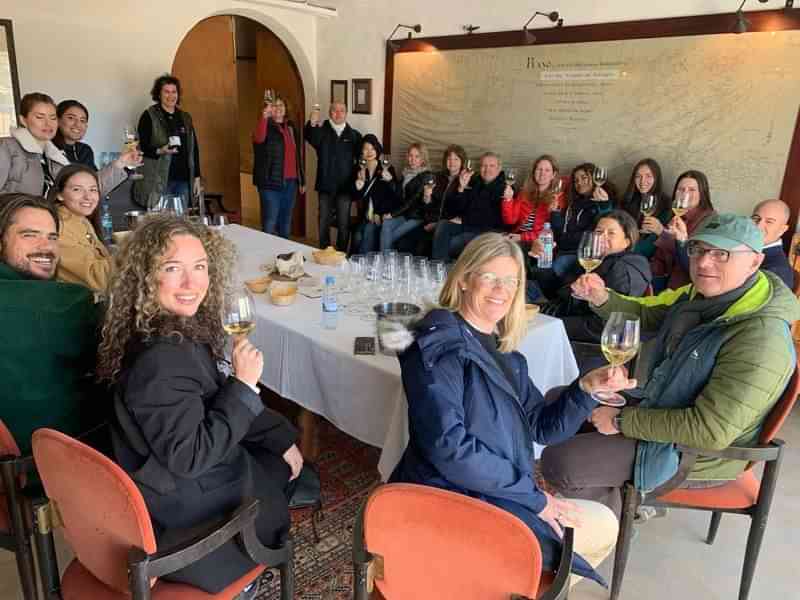 Groep mensen geniet van een wijntour en proeverij in een wijngaard.