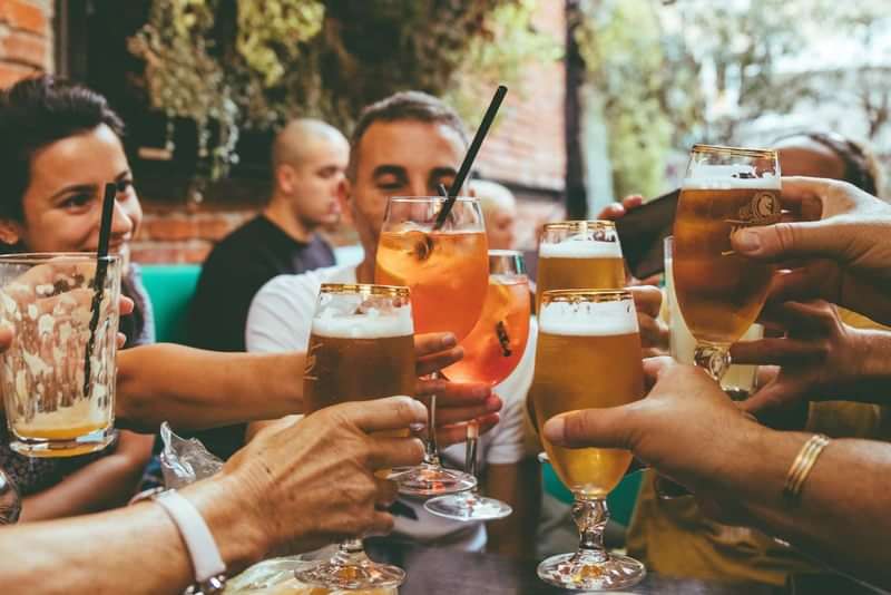 Groep vrienden proostend, genietend van drankjes tijdens taalreis in Nederland.