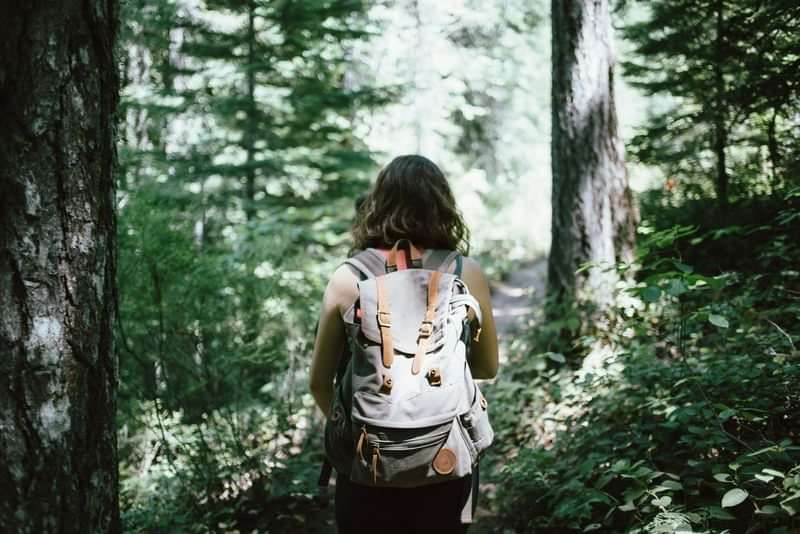 Vrouw wandelen in bos met rugzak, natuur en avontuur zoekend.