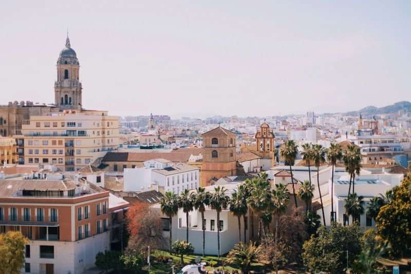 Historic cityscape with cathedral, traditional buildings, and palm trees, Mediterranean setting.