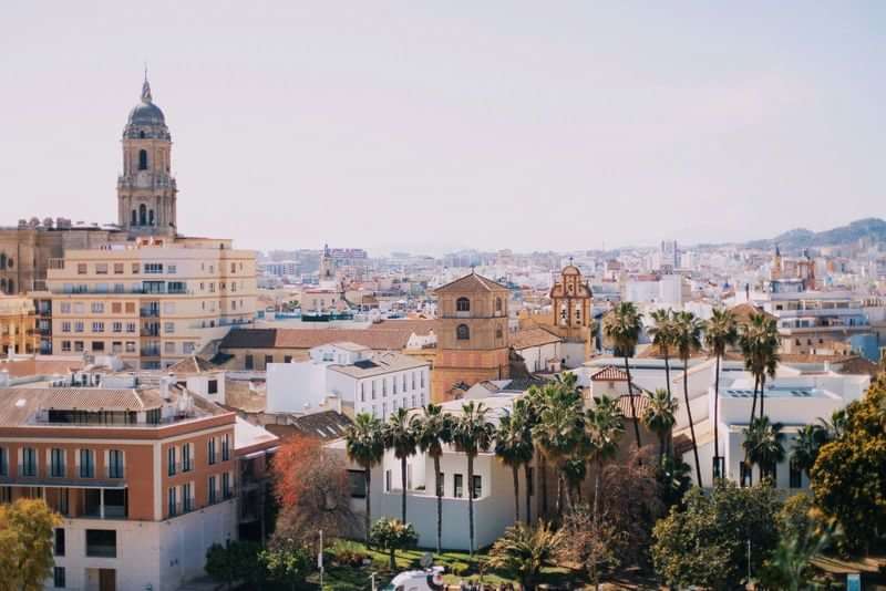 Malaga stadsgezicht met kathedraal en palmbomen voor taalschoolbezoek.