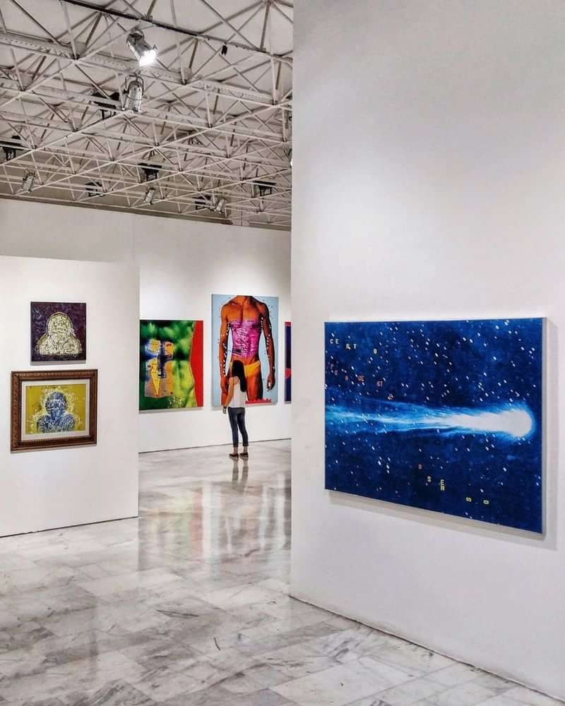 Een persoon bezoekt een kunstgalerie met diverse kunstwerken.